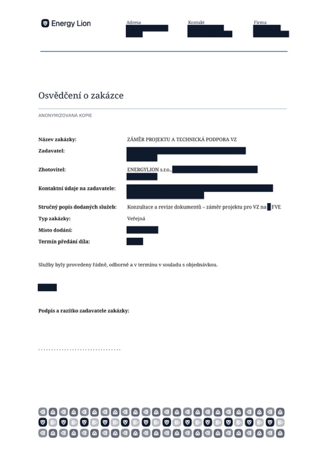 Ukázka anonymizovaného osvědčení o zakázce Energy Lion